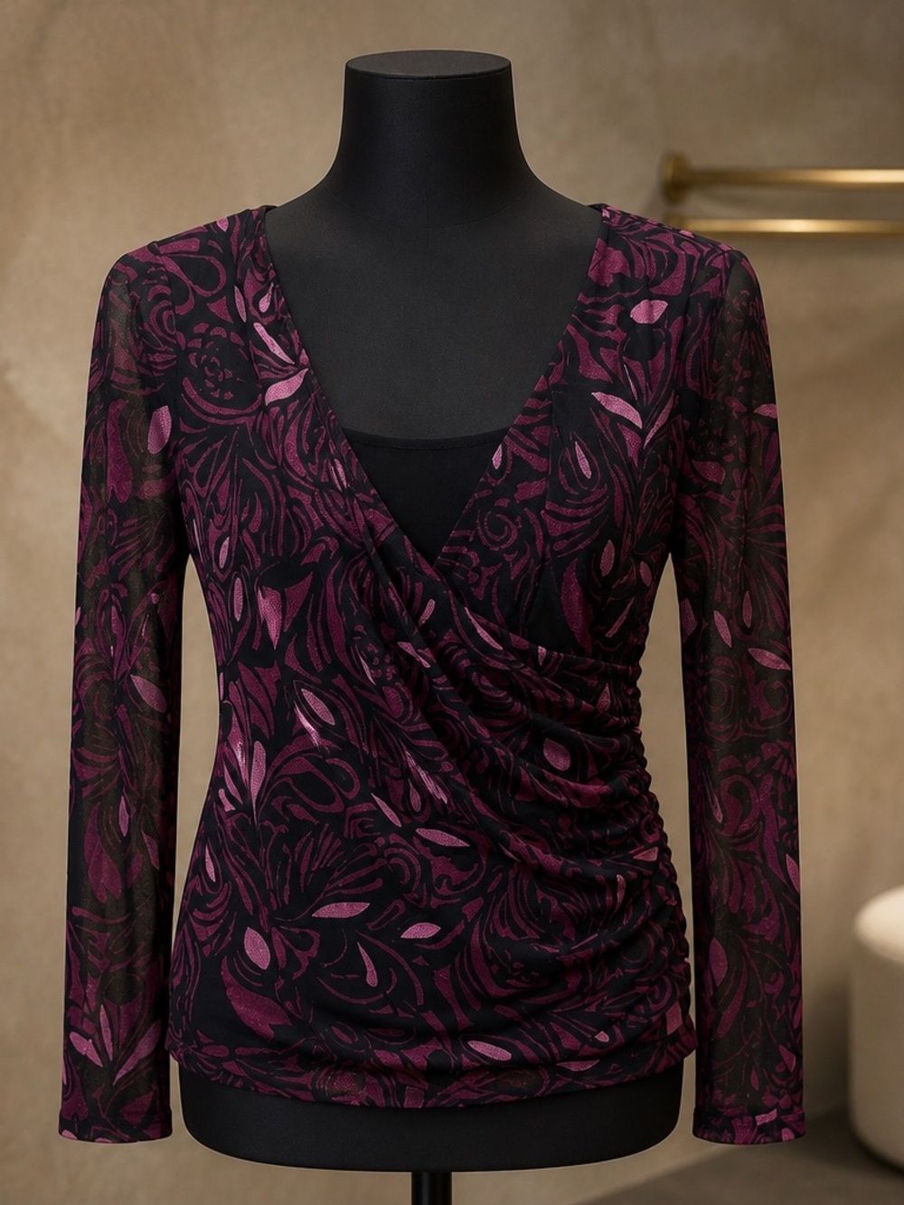 Apt. 9 Black and Plum Printed Surplice Long-Sleeve Blouse